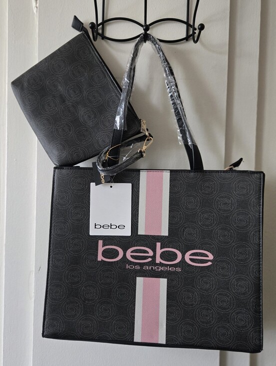 bebe Handbags - bebe Black and Pink Logo Stripe Tote